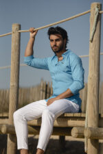 Camisa de linho azul turquesa - Image 3